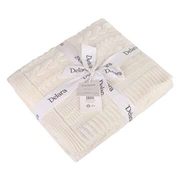 Delara Organic Cotton Throw Blanket 50x70 inches, GOTS Certified Cable Knitted Throws Blanket for Sofa Couch Bed, Baby Nursery, Lightweight Cozy Warm Decorative Blanket All Season Use (Ivory)