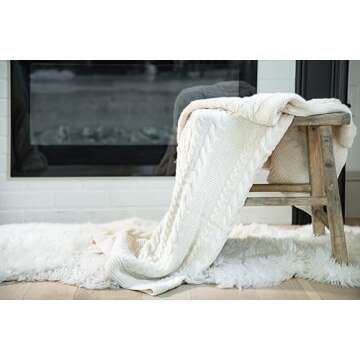 Delara Organic Cotton Throw Blanket 50x70 inches, GOTS Certified Cable Knitted Throws Blanket for Sofa Couch Bed, Baby Nursery, Lightweight Cozy Warm Decorative Blanket All Season Use (Ivory)