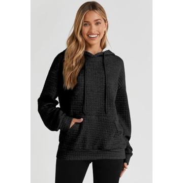SHEWIN Waffle Hoodie Pullover for Women in Black