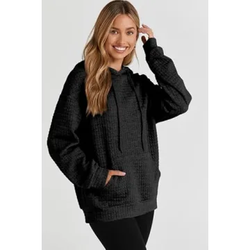SHEWIN Waffle Hoodie Pullover for Women in Black