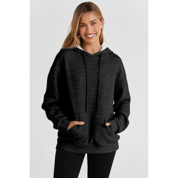 SHEWIN Waffle Hoodie Pullover for Women in Black