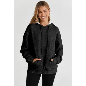 SHEWIN Waffle Hoodie Pullover for Women in Black