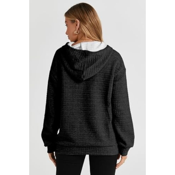 SHEWIN Waffle Hoodie Pullover for Women in Black