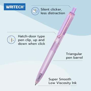 WRITECH Ballpoint Pens Black Ink: 0.7mm Fine Point Retractable 8ct Pastel Color Ultra Smooth Writing Low Viscosity Ink Space Up Ballpoint Pen Silent Click