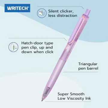 WRITECH Ballpoint Pens Black Ink: 0.7mm Fine Point Retractable 8ct Pastel Color Ultra Smooth Writing Low Viscosity Ink Space Up Ballpoint Pen Silent Click