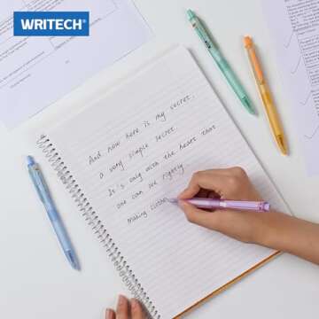 WRITECH Ballpoint Pens Black Ink: 0.7mm Fine Point Retractable 8ct Pastel Color Ultra Smooth Writing Low Viscosity Ink Space Up Ballpoint Pen Silent Click