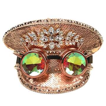 ILOVEMASKS Steampunk Style Paillette Sequins Rhinestone Festival Captain Hat with Kaleidoscope Goggl...