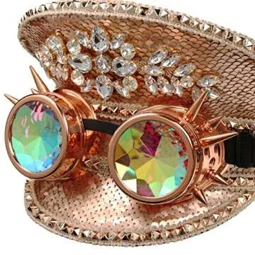 ILOVEMASKS Steampunk Style Paillette Sequins Rhinestone Festival Captain Hat with Kaleidoscope Goggle (Pink Gold)