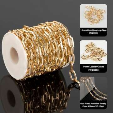 YOUBEIYEE 16.4FT/5M Paperclip Bulk Chain for Jewelry Making Gold Plated Aluminum Jewelry Chain Suppl...