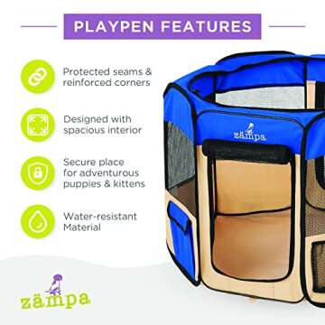 Zampa Dog Playpen Medium 45"x45"x24" Pop Up Portable Playpen for Dogs and Cat, Foldable | Indoor/Outdoor Pen & Travel Pet Carrier + Carrying Case.