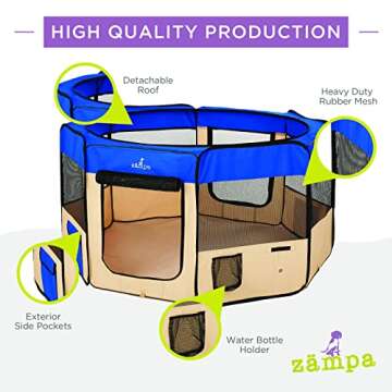 Zampa Dog Playpen Medium 45"x45"x24" Pop Up Portable Playpen for Dogs and Cat, Foldable | Indoor/Outdoor Pen & Travel Pet Carrier + Carrying Case.