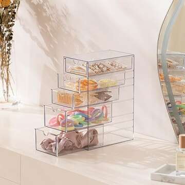 HBlife Clear Acrylic Hair Accessories Organizer, Health Storage Box with 5 Drawers, Hair Tie Holder ...