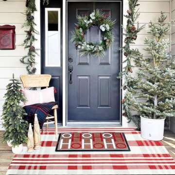 Christmas Door Mat Outdoor 3' x 5' Red and White Plaid Rug Christmas Decor Rug Cotton Hand-Woven Lay...