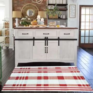 Christmas Door Mat Outdoor 3' x 5' Red and White Plaid Rug Christmas Decor Rug Cotton Hand-Woven Layered Door Mats Washable Carpet for Front Porch, Kitchen, Farmhouse, Entryway (3' x 5')