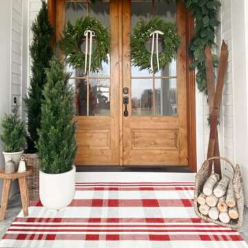 Christmas Door Mat Outdoor 3' x 5' Red and White Plaid Rug Christmas Decor Rug Cotton Hand-Woven Layered Door Mats Washable Carpet for Front Porch, Kitchen, Farmhouse, Entryway (3' x 5')