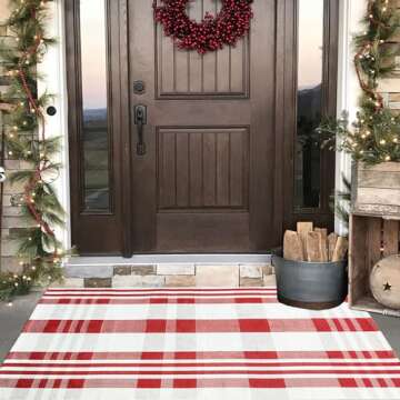 Christmas Door Mat Outdoor 3' x 5' Red and White Plaid Rug Christmas Decor Rug Cotton Hand-Woven Layered Door Mats Washable Carpet for Front Porch, Kitchen, Farmhouse, Entryway (3' x 5')