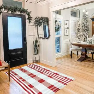 Christmas Door Mat Outdoor 3' x 5' Red and White Plaid Rug Christmas Decor Rug Cotton Hand-Woven Layered Door Mats Washable Carpet for Front Porch, Kitchen, Farmhouse, Entryway (3' x 5')