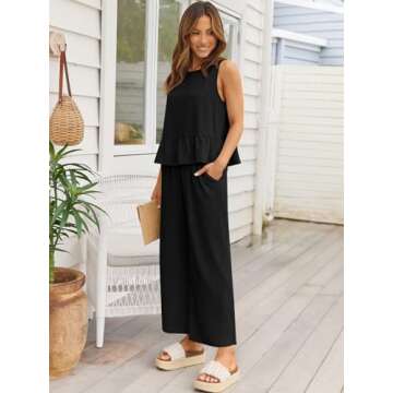 AUTOMET Womens Summer 2 Piece Outfits Linen Crop Tank Tops Lounge Matching Sets & Long Track Pants Tracksuits 2025 Black L