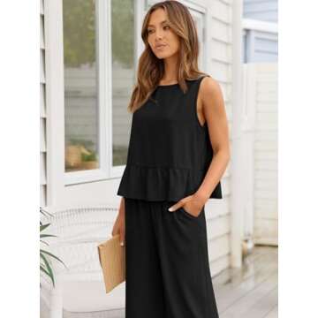 AUTOMET Womens Summer 2 Piece Outfits Linen Crop Tank Tops Lounge Matching Sets & Long Track Pants Tracksuits 2025 Black L