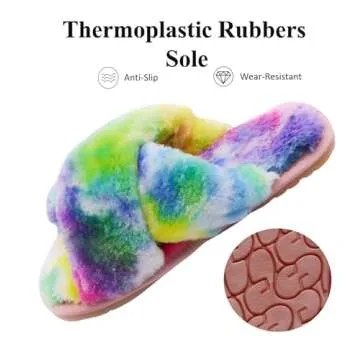 Crazy Lady Women's Fuzzy Fluffy House Slippers Cute Plush Memory Foam Shoes Cross Band Indoor Outdoor Open Toe Sandals(06/Rainbow, 5.5-6.5)