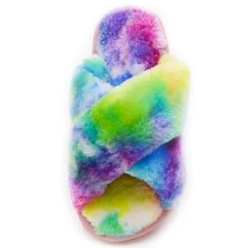 Crazy Lady Women's Fuzzy Fluffy House Slippers Cute Plush Memory Foam Shoes Cross Band Indoor Outdoor Open Toe Sandals(06/Rainbow, 5.5-6.5)