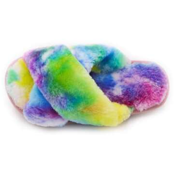 Crazy Lady Women's Fuzzy Fluffy House Slippers Cute Plush Memory Foam Shoes Cross Band Indoor Outdoor Open Toe Sandals(06/Rainbow, 5.5-6.5)