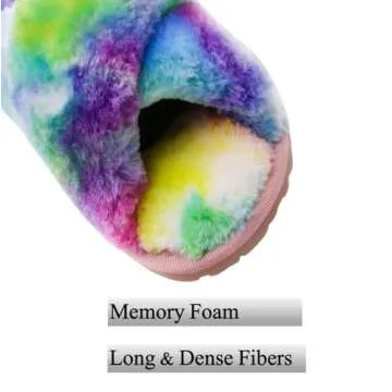 Crazy Lady Women's Fuzzy Fluffy House Slippers Cute Plush Memory Foam Shoes Cross Band Indoor Outdoor Open Toe Sandals(06/Rainbow, 5.5-6.5)