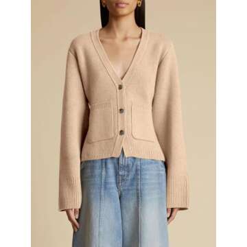 Saodimallsu Womens Deep V Neck Cardigan Sweaters Open Front Button Down Long Sleeve Cropped Knit Coats with Pockets Khaki