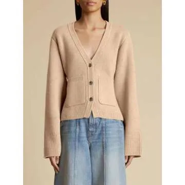 Saodimallsu Womens Deep V Neck Cardigan Sweaters Open Front Button Down Long Sleeve Cropped Knit Coats with Pockets Khaki