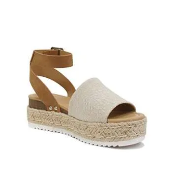 Soda Topic Open Toe Buckle Ankle Strap Espadrilles Flatform Wedge Casual Sandal (Beige Canvas/Tan, us_footwear_size_system, adult, numeric, medium, 7.5)