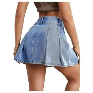 Milumia Women's Pleated Denim Skirt Trendy High Waisted Mini Jean Skater Skirts Solid Blue Medium