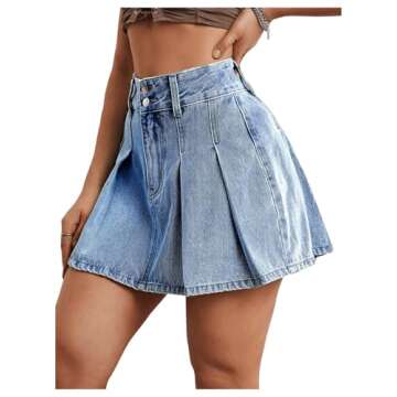 Milumia Women's Pleated Denim Skirt Trendy High Waisted Mini Jean Skater Skirts Solid Blue Medium