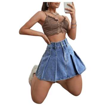 Milumia Women's Pleated Denim Skirt Trendy High Waisted Mini Jean Skater Skirts Solid Blue Medium