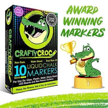 Crafty Croc Liquid Chalk Markers for Chalkboards, Blackboards, Windows & Glass - Dry Erase, 6mm Reversible Bullet & Chisel Tip, 10 Pack Neon
