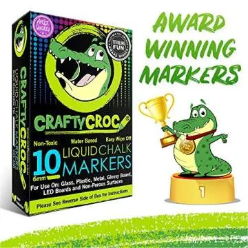Crafty Croc Liquid Chalk Markers for Chalkboards, Blackboards, Windows & Glass - Dry Erase, 6mm Reversible Bullet & Chisel Tip, 10 Pack Neon