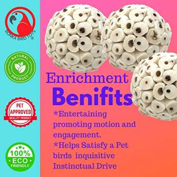 Bonka Bird Toys 1214 Pk3 All-Natural Sola Atta Balls, 3-Pack, 2" Diameter, Soft and Lightweight Chew and Foot Toys for Birds, Small Pets, and DIY Crafts, Safe for Parrots, Parakeets, and Cockatiels