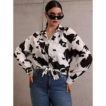 WDIRARA Plus Size Cow Print Button Up Black Blouse 4XL