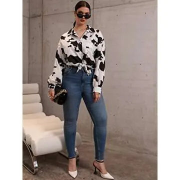 WDIRARA Plus Size Cow Print Button Up Black Blouse 4XL