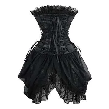 Charmian Women's Plus Size Strapless Floral Embroidery Mesh Princess Gothic Vintage Bustier Corset with Lace Skirt Black 3X-Large