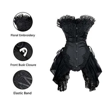 Charmian Women's Plus Size Strapless Floral Embroidery Mesh Princess Gothic Vintage Bustier Corset with Lace Skirt Black 3X-Large