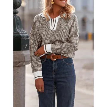 Saodimallsu Womens Fall Sweaters Tops Lapel V Neck Knit Sweater Color Block Long Sleeve Casual Soft Pullover Shirt Coffee