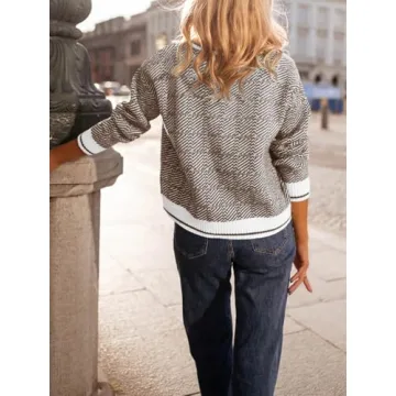 Saodimallsu Womens Fall Sweaters Tops Lapel V Neck Knit Sweater Color Block Long Sleeve Casual Soft Pullover Shirt Coffee