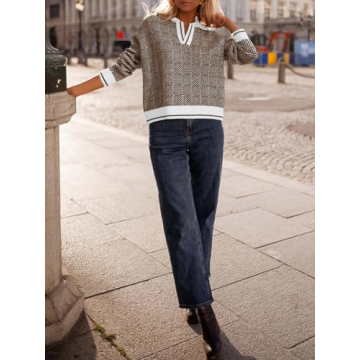 Saodimallsu Womens Fall Sweaters Tops Lapel V Neck Knit Sweater Color Block Long Sleeve Casual Soft Pullover Shirt Coffee