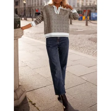 Saodimallsu Womens Fall Sweaters Tops Lapel V Neck Knit Sweater Color Block Long Sleeve Casual Soft Pullover Shirt Coffee