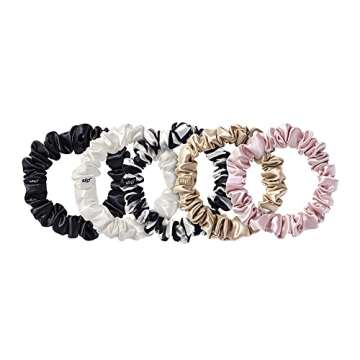 slip Midi Scrunchie Original Mix | Set of 5 Pure Silk Scrunchies in Pink, Caramel, Navy Stripe, Whit...