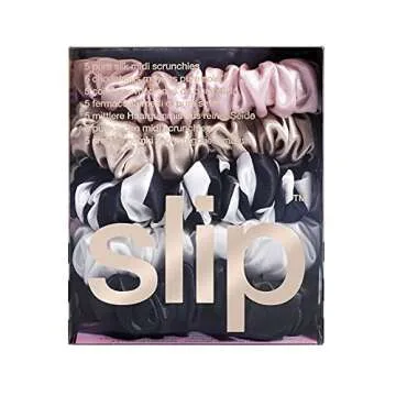slip Midi Scrunchie Original Mix | Set of 5 Pure Silk Scrunchies in Pink, Caramel, Navy Stripe, White, & Black | 100% Mulberry Silk, Anti-Crease, Gentle on Hair, Reduces Breakage | Stylish & Durable