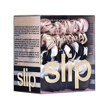 slip Midi Scrunchie Original Mix | Set of 5 Pure Silk Scrunchies in Pink, Caramel, Navy Stripe, White, & Black | 100% Mulberry Silk, Anti-Crease, Gentle on Hair, Reduces Breakage | Stylish & Durable