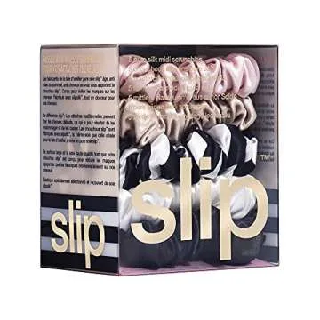 slip Midi Scrunchie Original Mix | Set of 5 Pure Silk Scrunchies in Pink, Caramel, Navy Stripe, White, & Black | 100% Mulberry Silk, Anti-Crease, Gentle on Hair, Reduces Breakage | Stylish & Durable