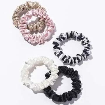 slip Midi Scrunchie Original Mix | Set of 5 Pure Silk Scrunchies in Pink, Caramel, Navy Stripe, White, & Black | 100% Mulberry Silk, Anti-Crease, Gentle on Hair, Reduces Breakage | Stylish & Durable