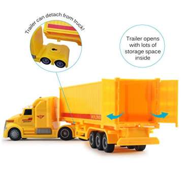 Vokodo Toy Semi Truck Trailer 14.5" Friction Powered with Lights and Sound Back Opens Kids Push and Go Big Rig Carrier Transport Vehicle Semi-Truck Pretend Play Car Great Gift for Children Boys Girls